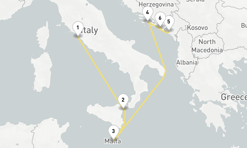 7 days, one-way from Civitavecchia-Rome to Dubrovnik 8日間