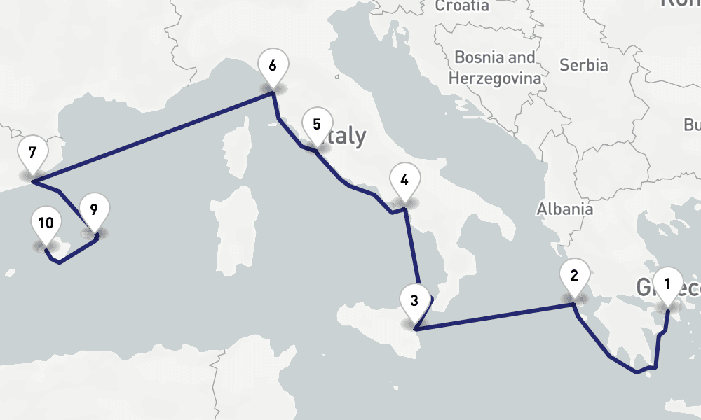 12 nights / 13 days, one-way from Piraeus (Athens, Greece) to Palma de Mallorca (Majorca Island, Spain)