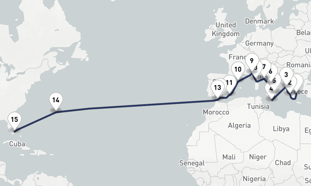 25 days, one-way from Piraeus-Athens to Fort Lauderdale 26日間