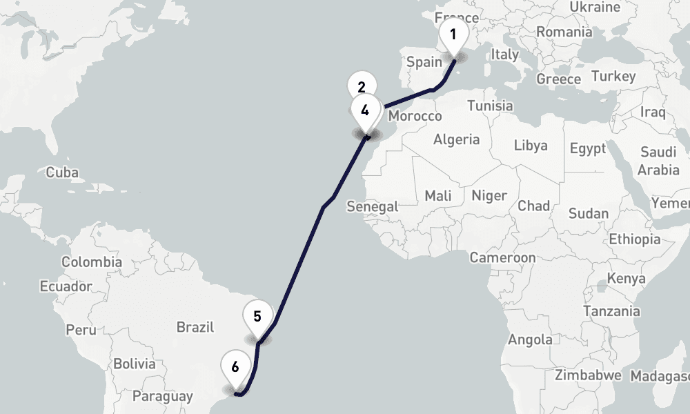 15 days, one-way from Barcelona to Rio de Janeiro 16日間