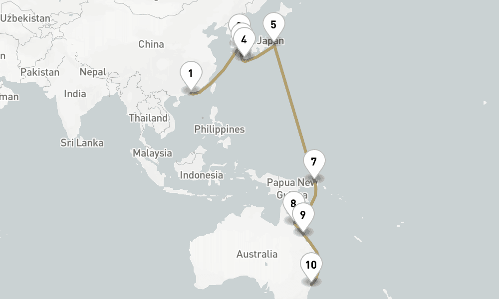 24 days, one-way from Hong Kong to Sydney 25日間