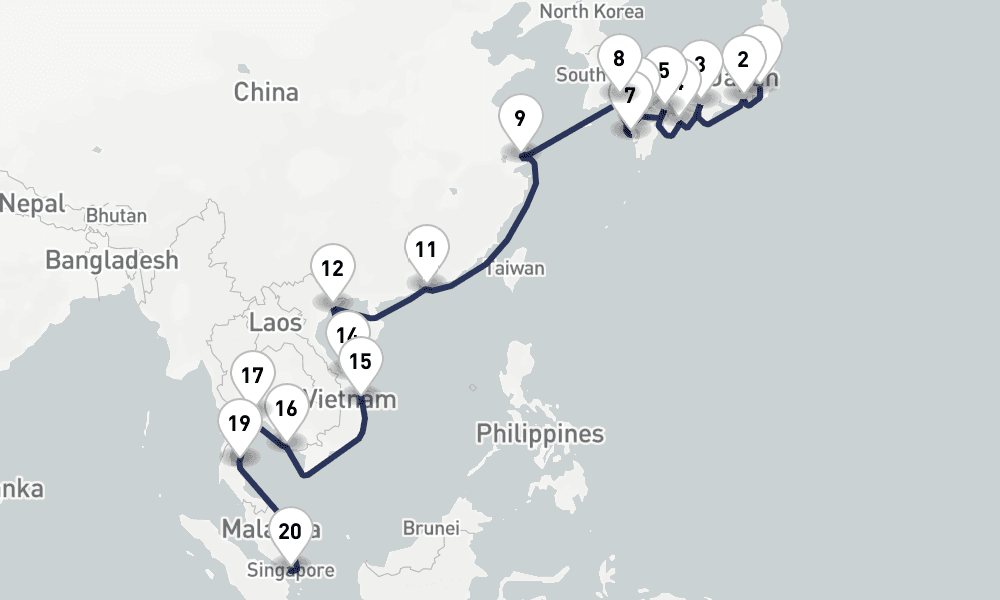 28 days, one-way from Tokyo to Singapore 29日間