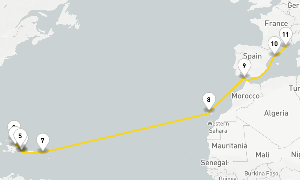 21 days, one-way from La Romana to Marseille 22日間