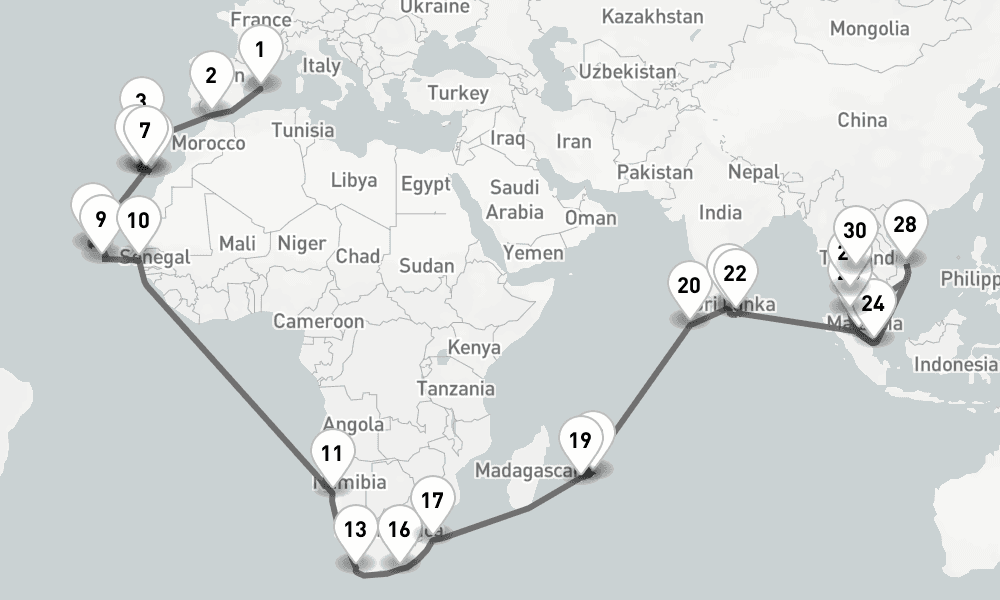 66 days, one-way from Palma de Mallorca to Singapore 67日間
