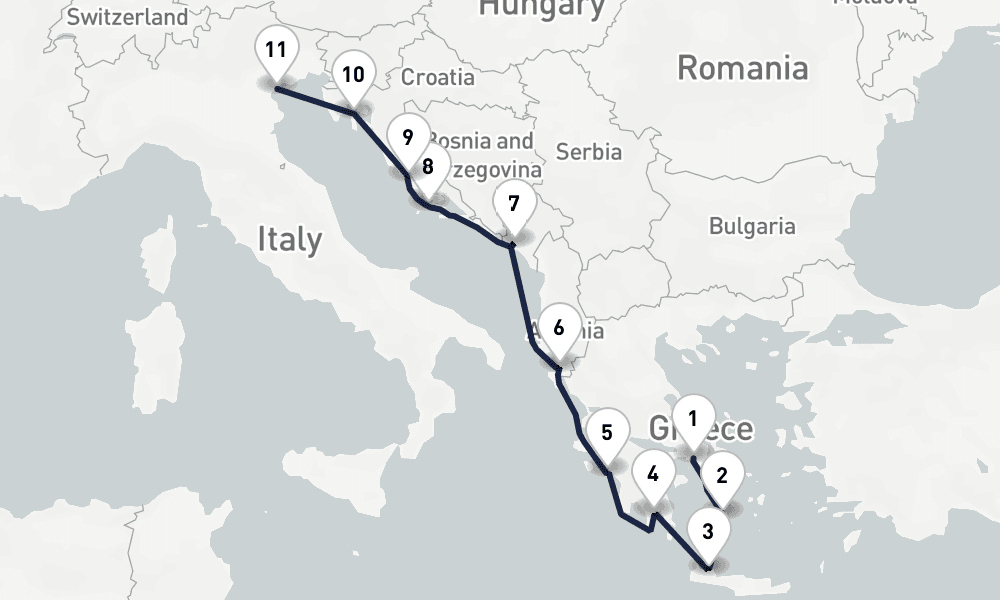 11 days, one-way from Piraeus-Athens to Venice 12日間