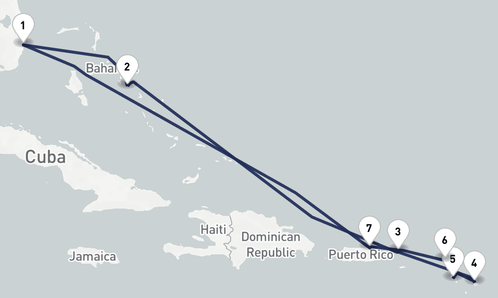 10 days, round-trip Eastern Caribbean U.S. Virgin Islands San Juan 11日間
