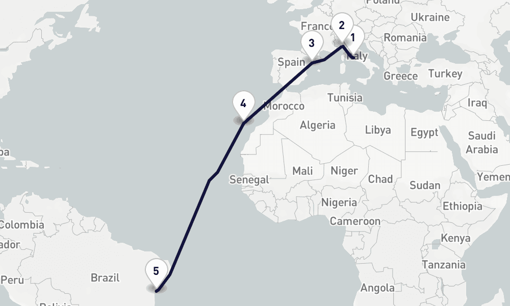 13 days, one-way from Civitavecchia-Rome to Salvador de Bahia 14日間
