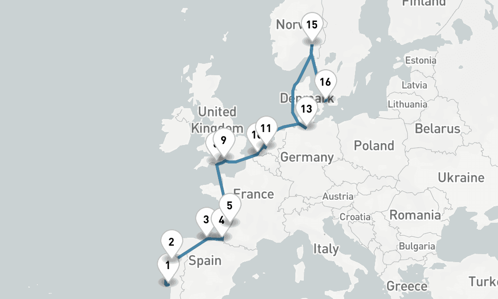 19 days, one-way from Lisbon to Copenhagen 20日間