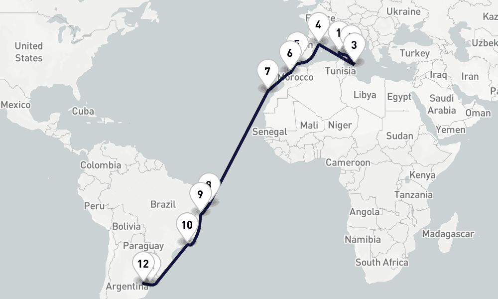 22 days, one-way from Cagliari to Buenos Aires 23日間