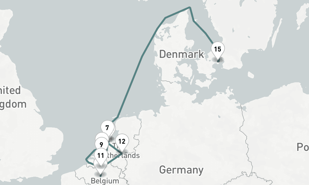 13 days, one-way from Brussels to Copenhagen 14日間