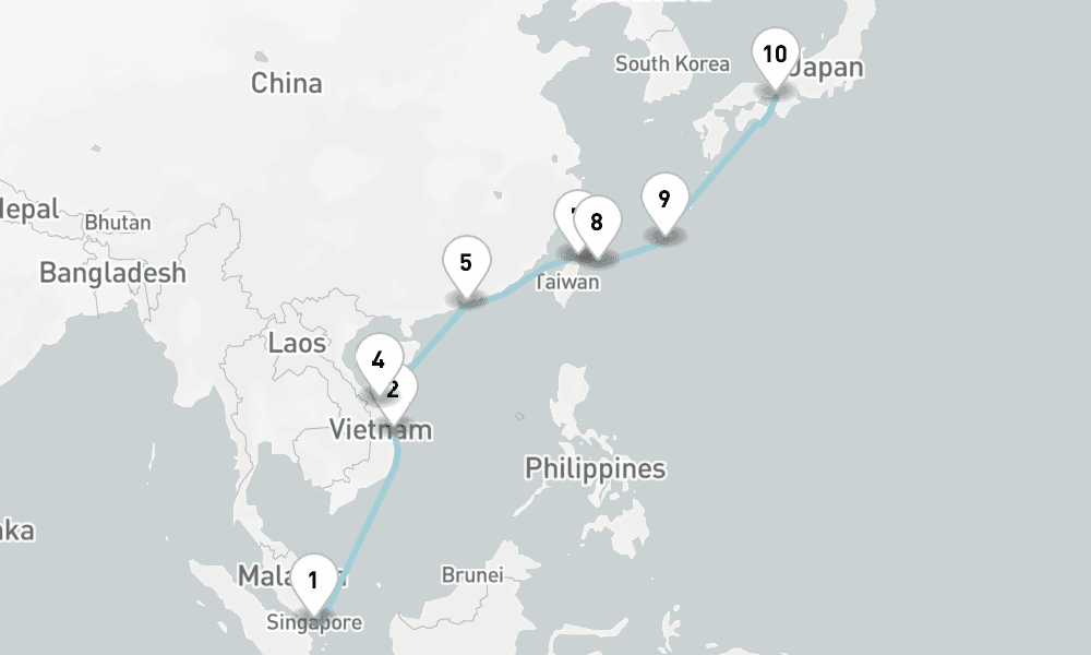 14 nights / 15 days, one-way from Singapore to Kobe (Osaka-Kyoto, Japan)
