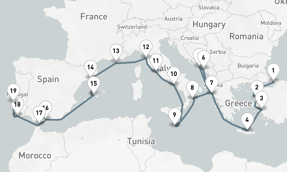 22 nights / 23 days, one-way from Istanbul to Lisbon