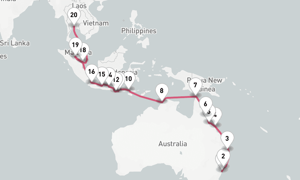 28 nights / 29 days, one-way from Sydney (NSW, Australia) to Laem Chabang (Bangkok, Thailand)