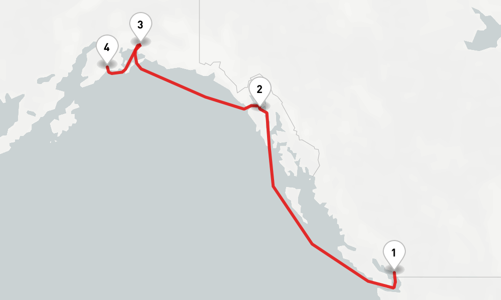 9 nights / 10 days, one-way from Vancouver (BC Canada) to Seward (Alaska)