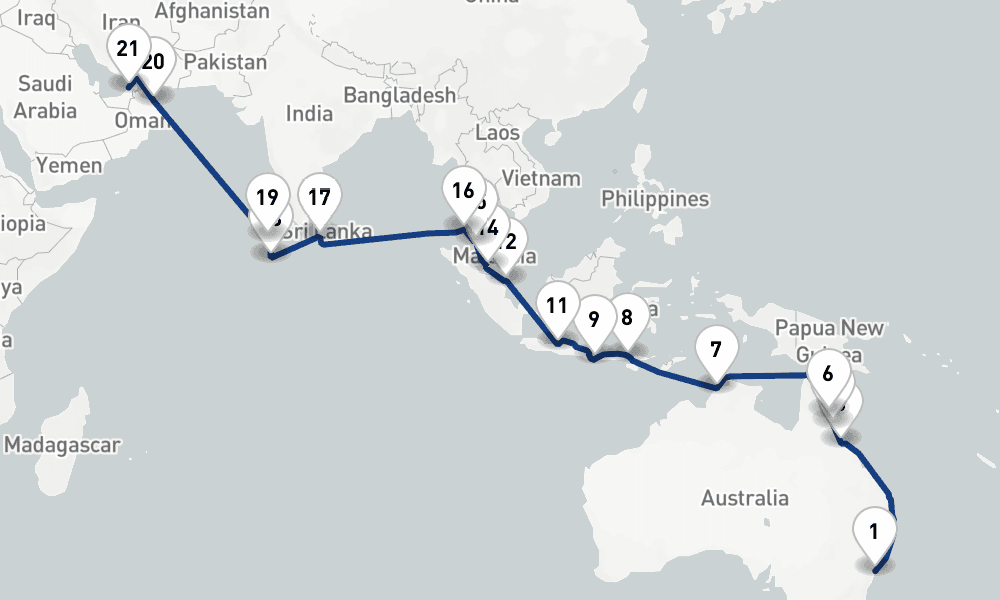 36 nights / 37 days, one-way from Sydney (NSW, Australia) to Dubai (Port Rashid, UAE)
