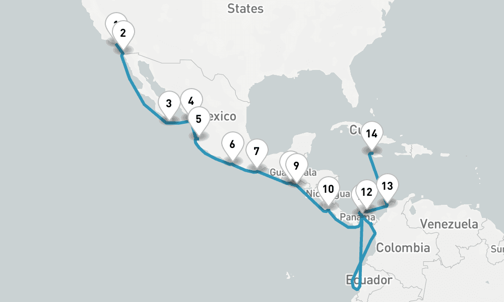 22 nights / 23 days, one-way from Los Angeles (San Pedro / Long Beach) to Montego Bay