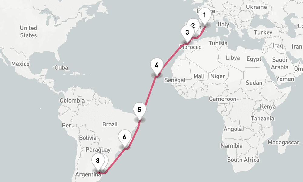 21 nights / 22 days, one-way from Barcelona to Buenos Aires