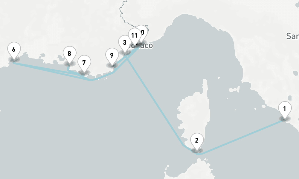 11 nights / 12 days, one-way from Civitavecchia (Rome, Italy) to Villefranche-sur-Mer (Nice, France Riviera)