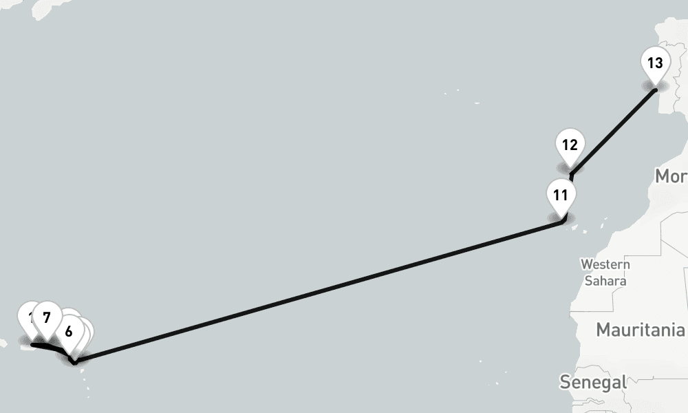 21 nights / 22 days, one-way from San Juan (Puerto Rico) to Lisbon