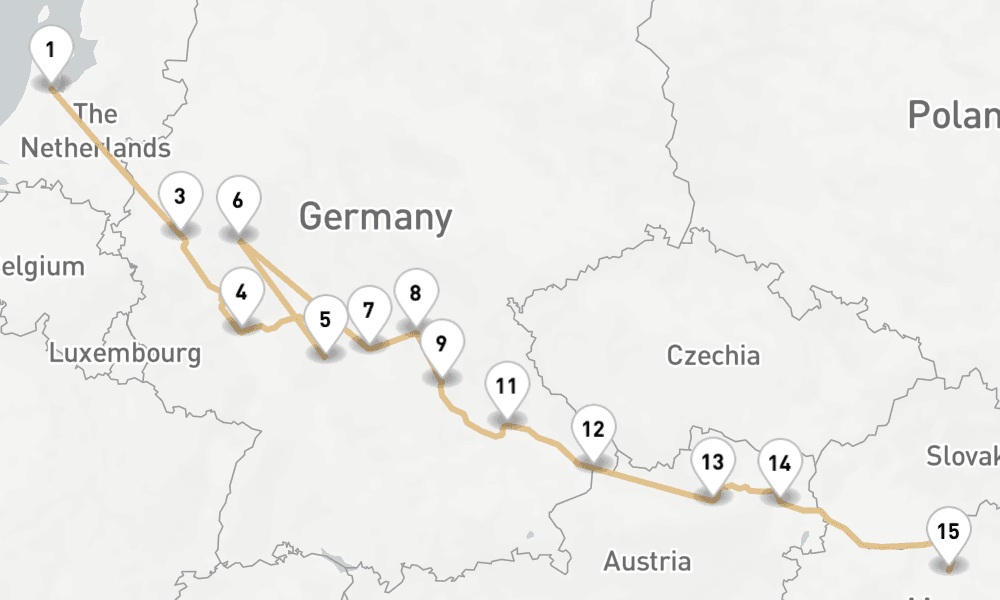 13 nights / 14 days, one-way from Amsterdam (Holland) to Budapest