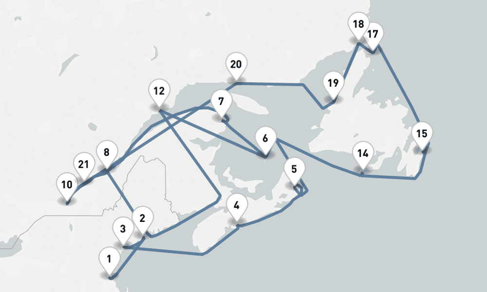 25 nights / 26 days, one-way from Boston (Massachusetts) to Montreal (Quebec, Canada)