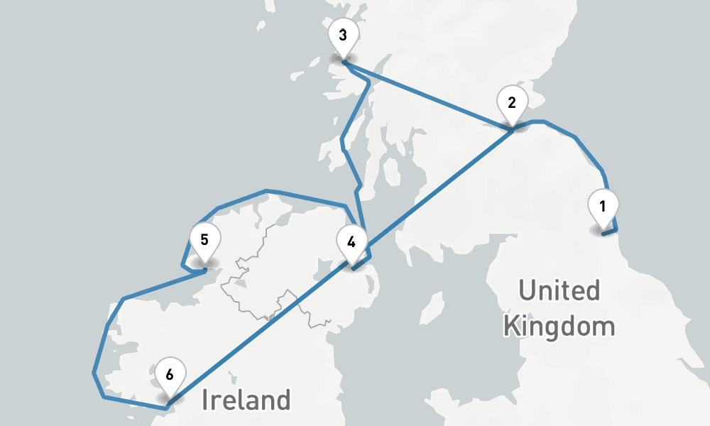 9 nights / 10 days, one-way from Newcastle (England) to Edinburgh (Leith, Scotland)
