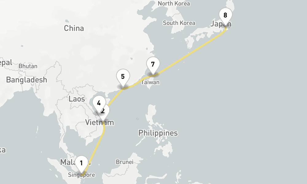 15 days, one-way from Singapore to Tokyo 16日間