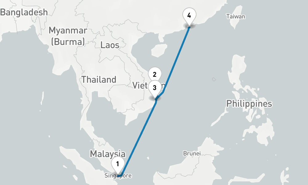 5 days, one-way from Singapore to Hong Kong 6日間