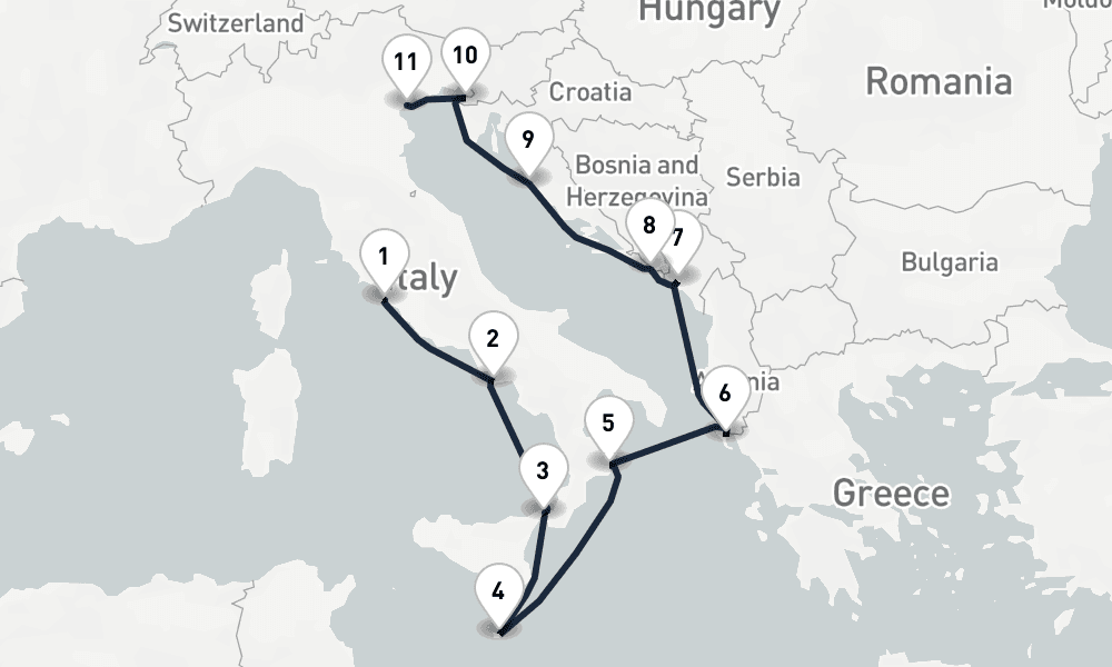 10 days, one-way from Civitavecchia-Rome to Venice 11日間