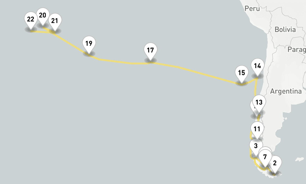 33 days, one-way from Ushuaia to Papeete 34日間