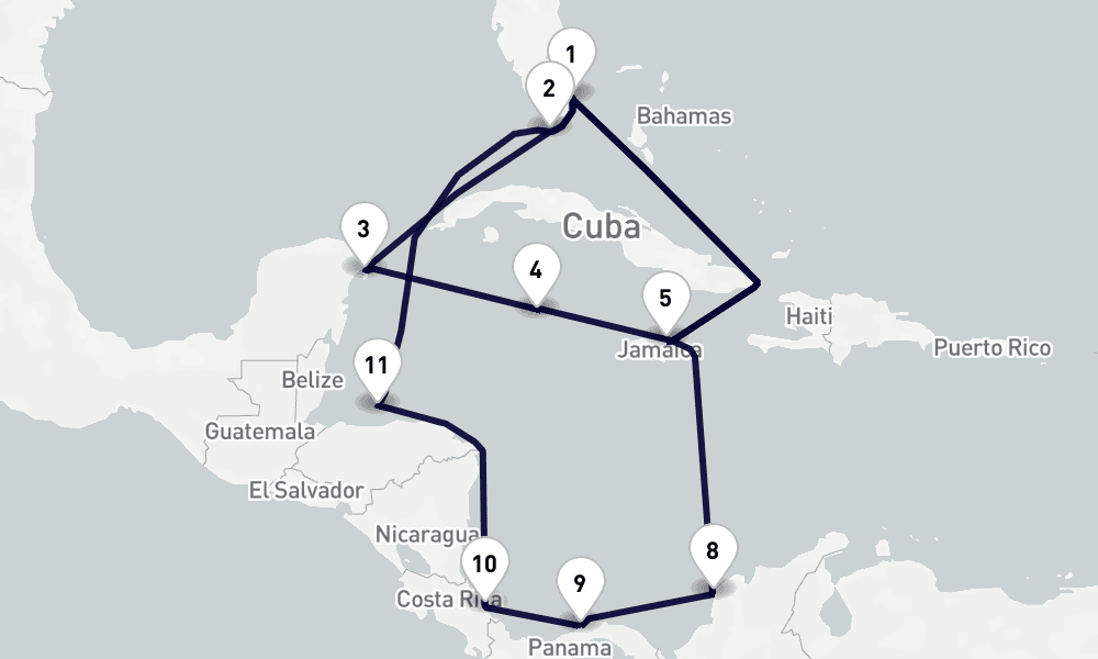 18 days, round-trip Caribbean Bahamas 19日間