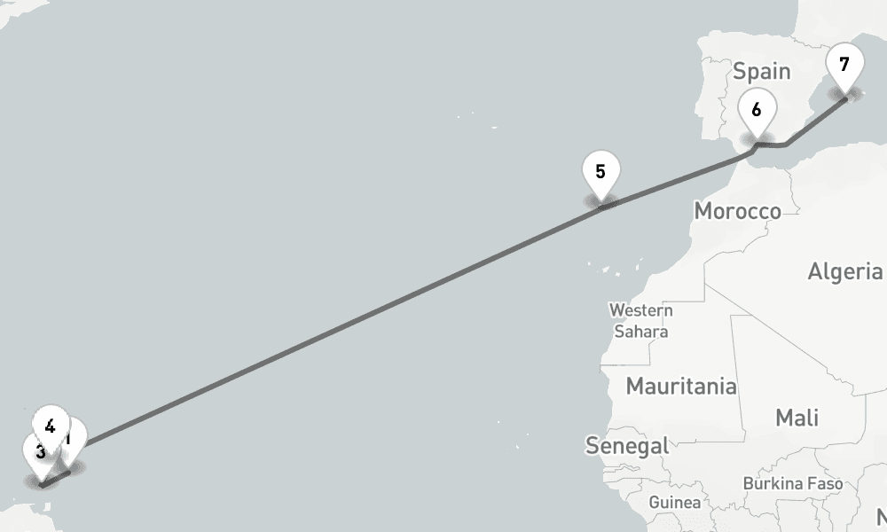 15 days, one-way from Bridgetown to Palma de Mallorca 16日間