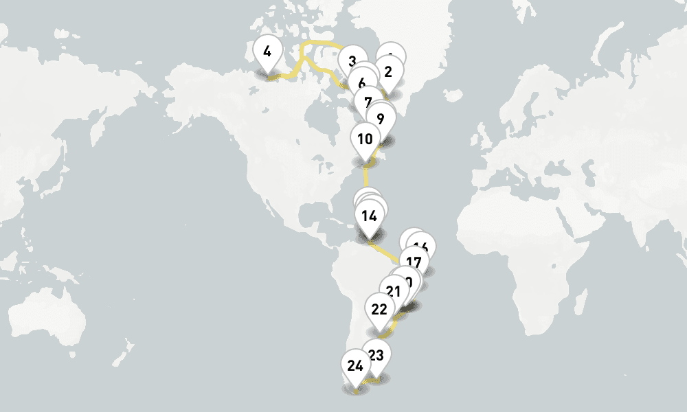63 days, one-way from Kangerlussuaq to Ushuaia 64日間