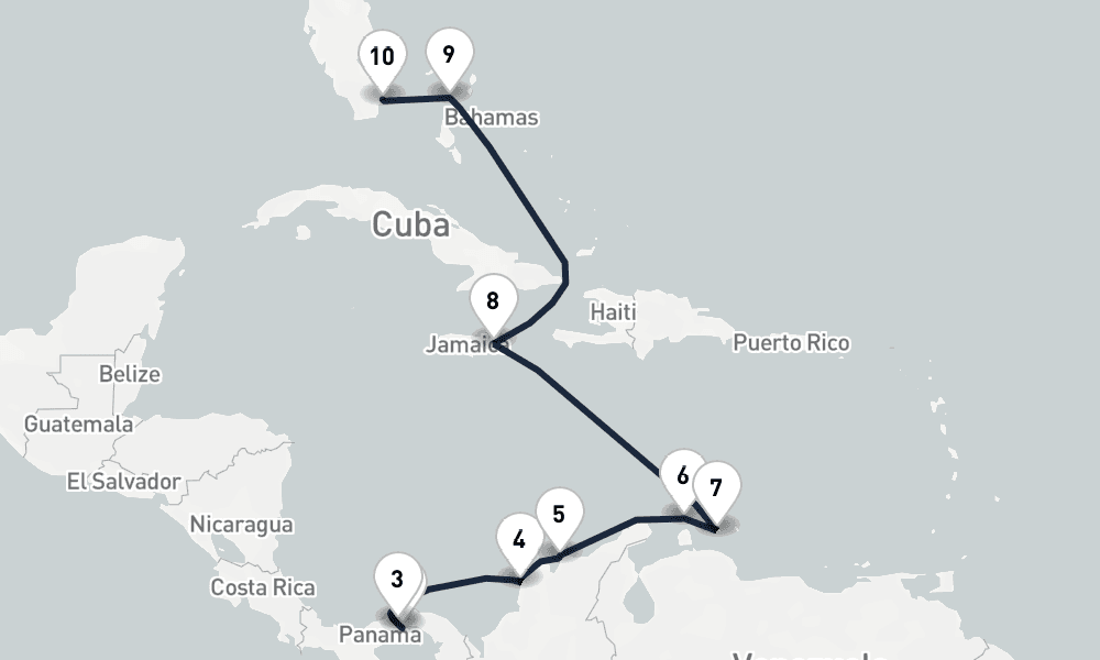 10 days, one-way from Panama City to Miami 11日間