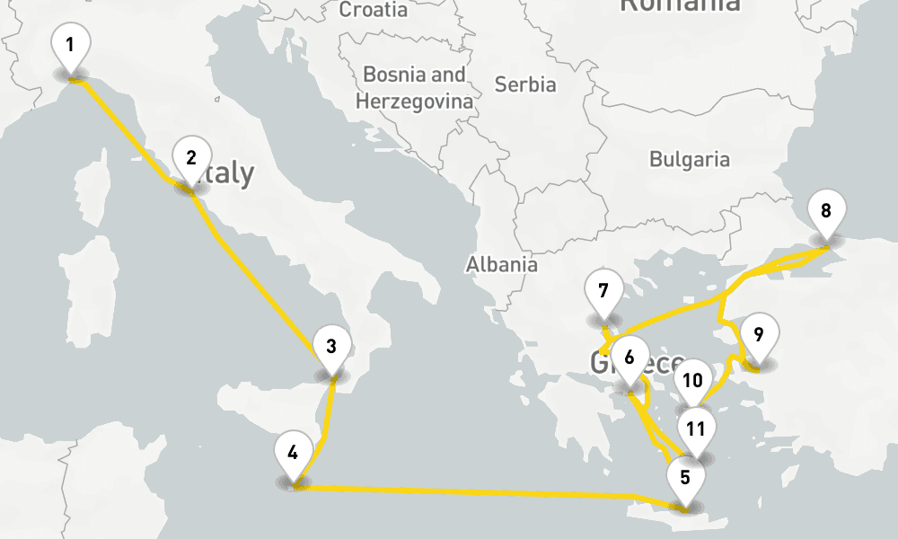 13 days, one-way from Savona to Piraeus-Athens 14日間