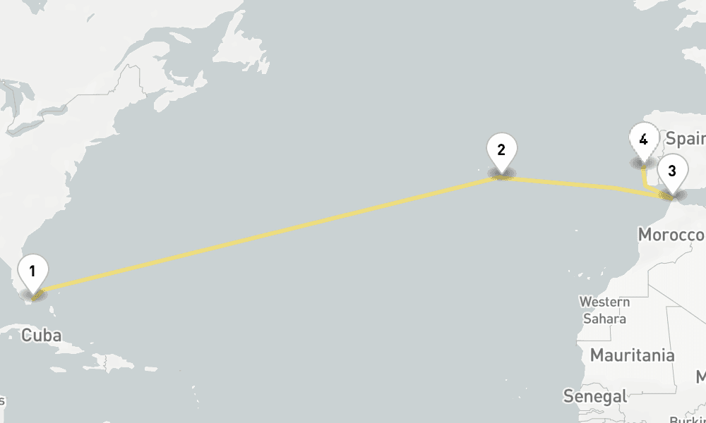 14 days, one-way from Miami to Lisbon 15日間