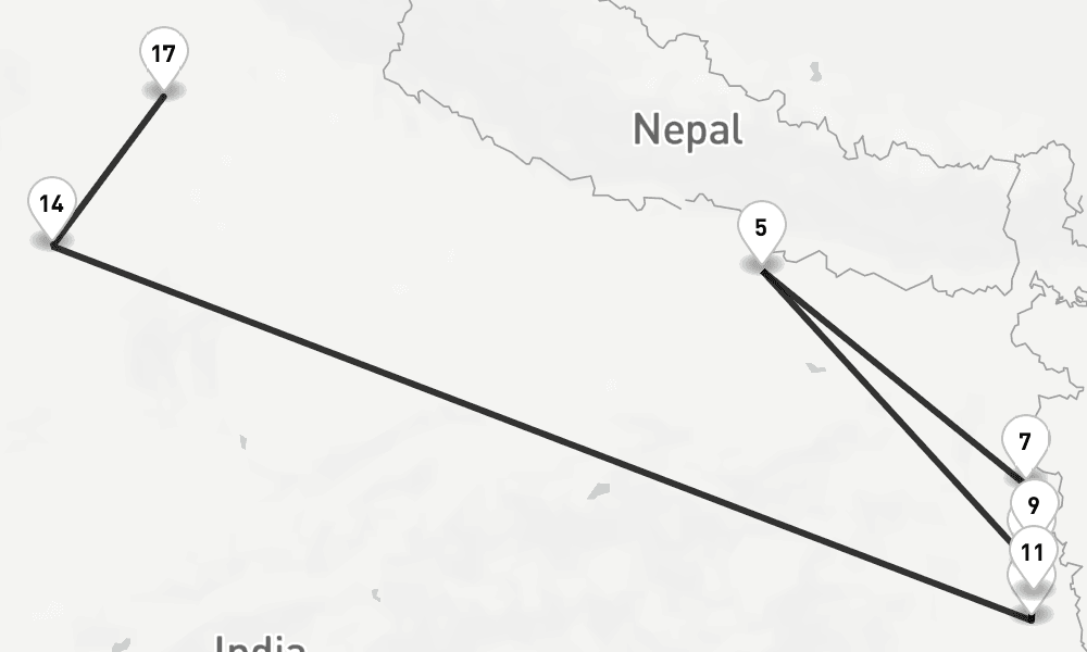 14 days, one-way from Kolkata to New Delhi 15日間