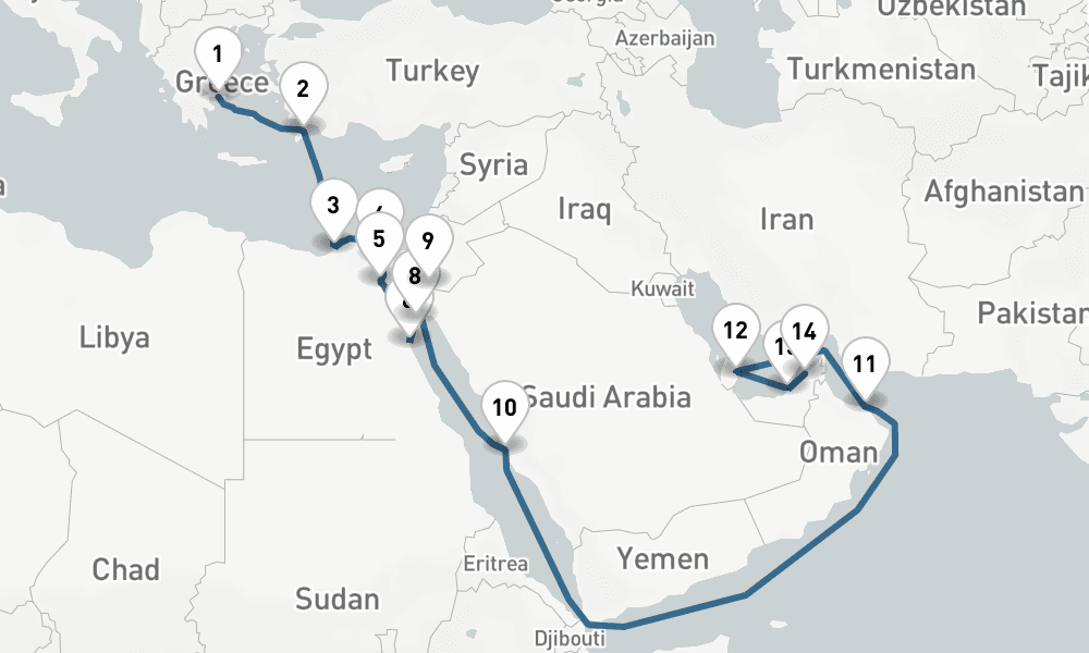 21 days, one-way from Piraeus-Athens to Dubai 22日間