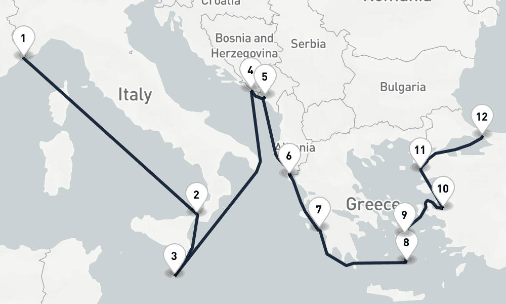 14 days, one-way from Monte Carlo to Istanbul 15日間