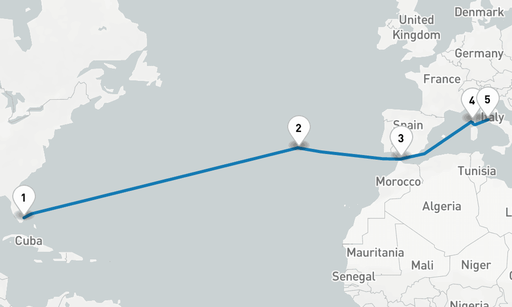 14 days, one-way from Fort Lauderdale to Civitavecchia-Rome 15日間