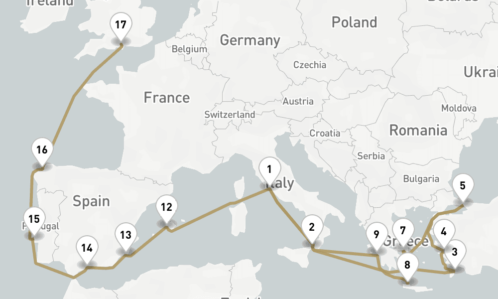25 days, one-way from Civitavecchia-Rome to Southampton 26日間