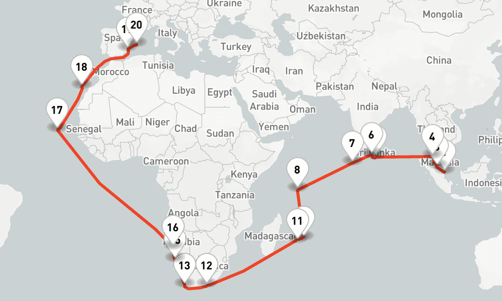 44 days, one-way from Singapore to Palma de Mallorca 45日間