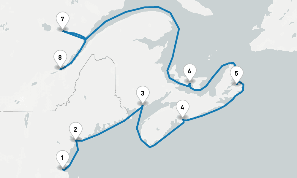 10 days, one-way from Boston to Quebec City 11日間