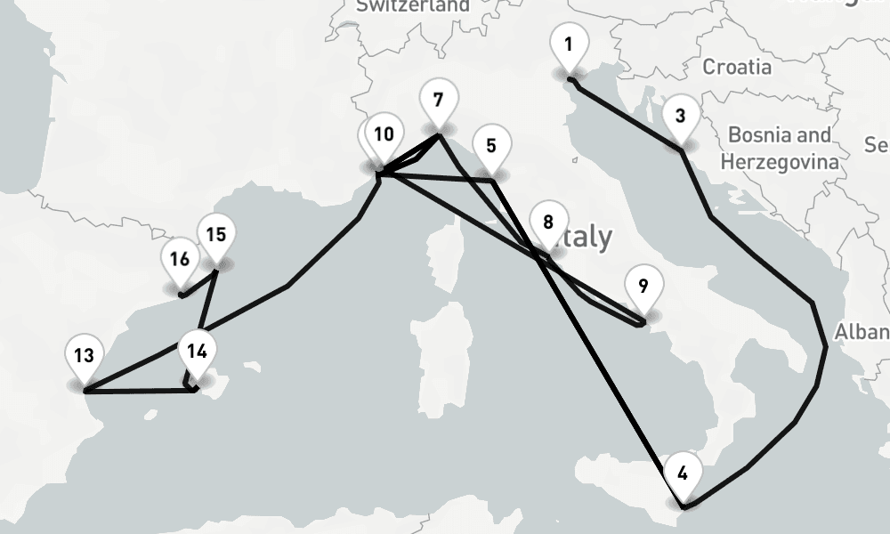 20 nights / 21 days, one-way from Venice to Barcelona