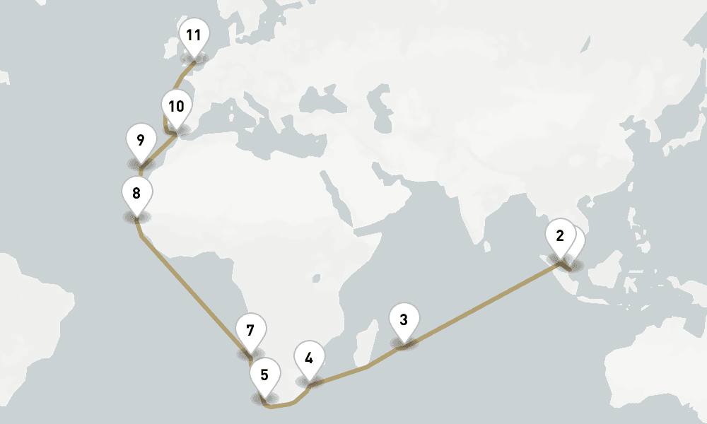 33 days, one-way from Singapore to Southampton 34日間