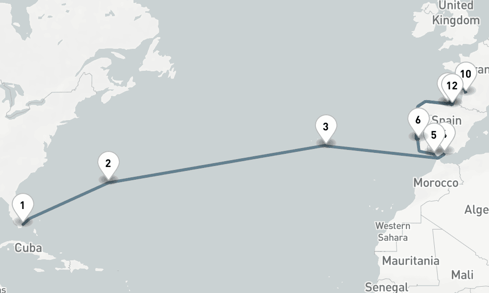 24 days, one-way from Miami to Lisbon 25日間