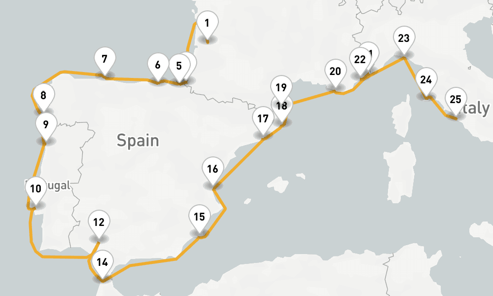 24 days, one-way from Bordeaux to Civitavecchia-Rome 25日間