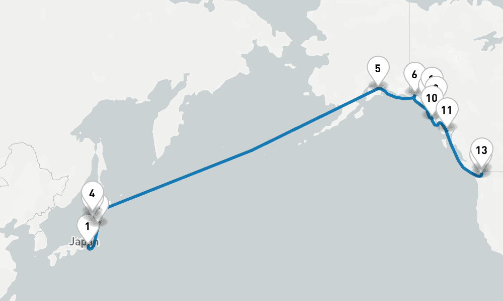 21 days, one-way from Yokohama to Vancouver 22日間