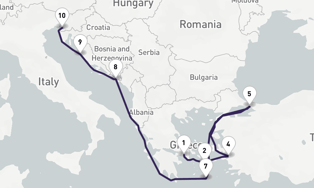 10 days, one-way from Piraeus-Athens to Trieste 11日間