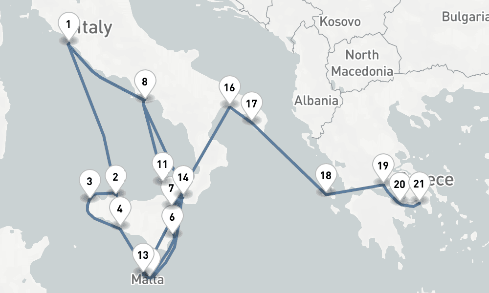 20 days, one-way from Civitavecchia-Rome to Piraeus-Athens 21日間
